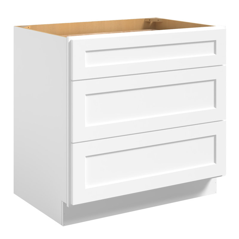 Armoire de base prête à assembler à 3 tiroirs, Blanc shaker, H 34,5 po x l 36 po