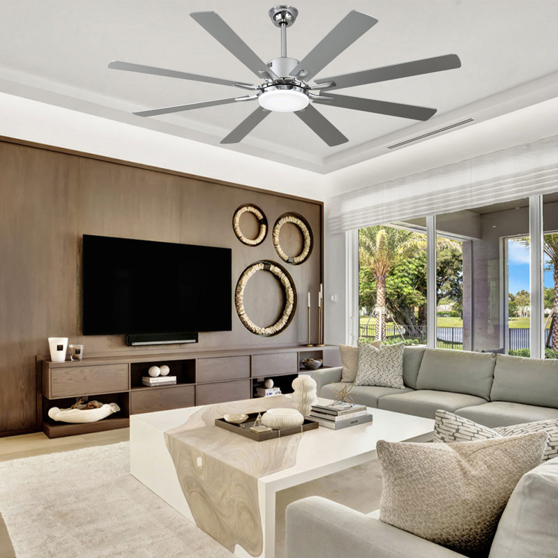 Ventilateur de plafond moderne Synia 72 po avec lumière et télécommande, moteur CC réversible à 6 vitesses, DEL à intensité variable, grand ventilateur de plafond chromé pour salons