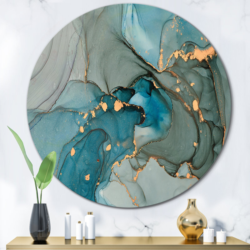 Art mural rond moderne en métal turquoise et marbre infusé d'or, H 29 po x l 29 po x P 1 po