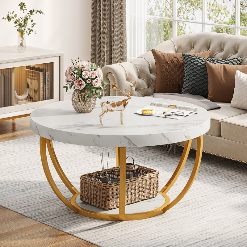 Floor Shelf Coffee Table, White, Gold