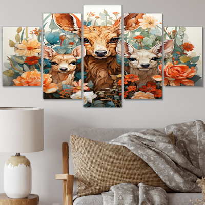 «Coral Brown Line Art Whimsical Animals I», reproduction d'art murale animaux - 5 panneaux