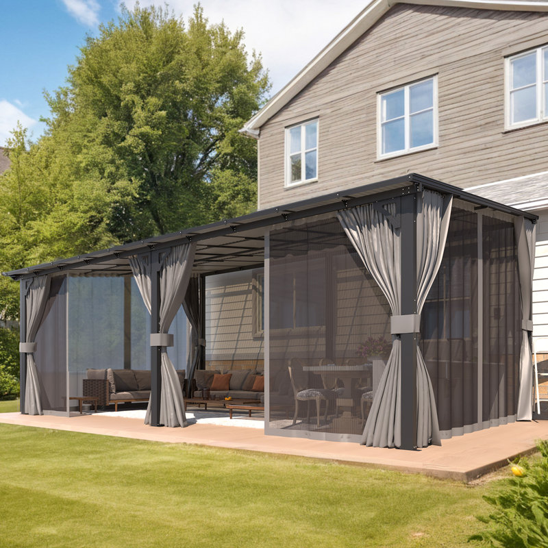 Lean-To Wall-Mounted Pergolas With Curtains And Netting, 96" H x 240" W x 144" D