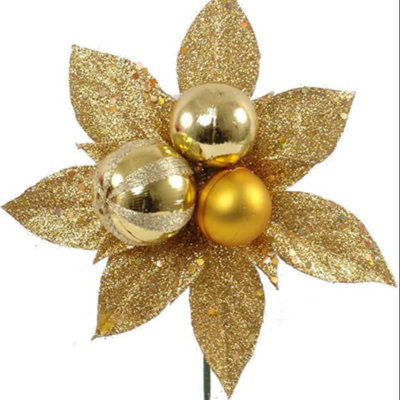 Gold Poinsettia Pick 7" – Glittering Gold Flower with 3 Ornament Balls, Perfect for Holiday Decor, Wreaths, Garlands, and Christmas Arrangements