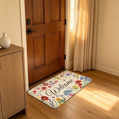 Beige Floral Watercolor Welcome Door Mat 20 x 32 in Doorstep Household Use