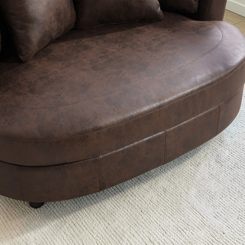 55" W Upholstered Accent Barrel Chair, Brown Faux Leather