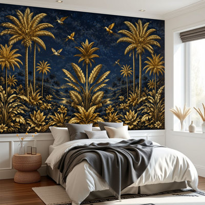 Peel and Stick Wallpaper Dark Tropical Palm Tree Vintage Jungle Forest Golden Palm Trees Wall Murals 69"H x 96"W Removable PVC Wall Paper Self-Adhesive Wall Decor for Bedroom Living Room Home Office