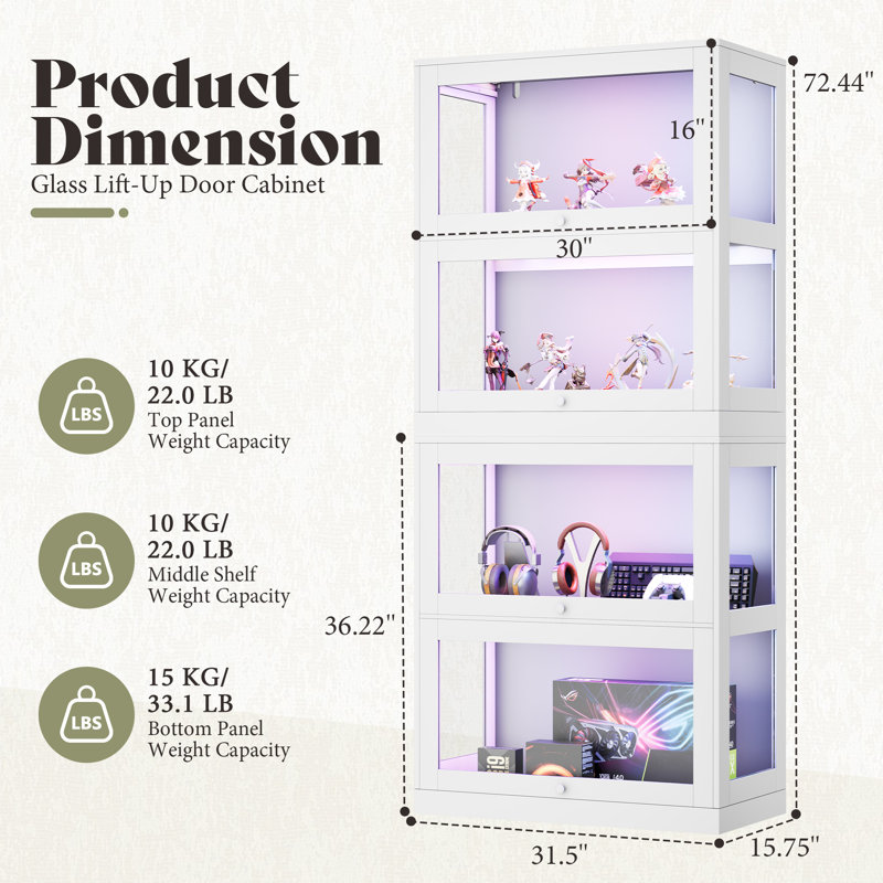 Vitrine 31,5 "à 4 niveaux avec tablettes réglables et portes en verre rabattables, Blanc