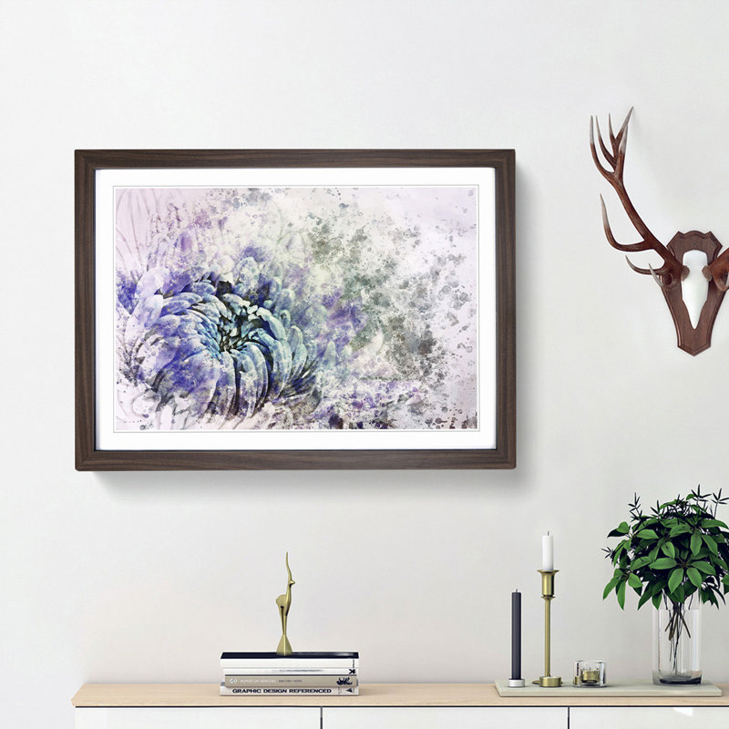 Lilac & Blue Chrysanthemum in Abstract - Picture Frame Painting Print, 36cm H x 48cm W x 2cm D, Walnut Framed