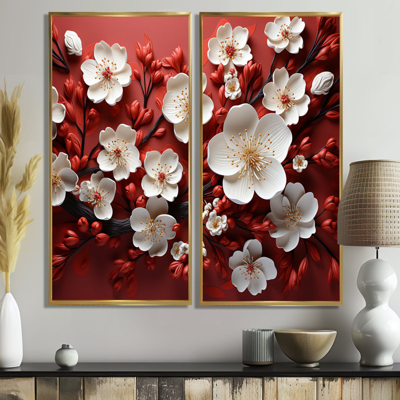 Branches de fleurs d'orchidées blanches et rouges I - mauve, impressions sur toile traditionnelles 2 pièces, Doré