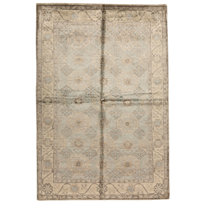 Tapis bleu clair / beige noué à la main de haute qualité