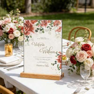 Clear Acrylic Sign Holder with Wooden Base, Double-Sided Tabletop Display Stand for Menus/Flyers/Pictures - Vertical or Slant Back Insert - Easy Assembly - 8.5 x 11 in, 6-Pack