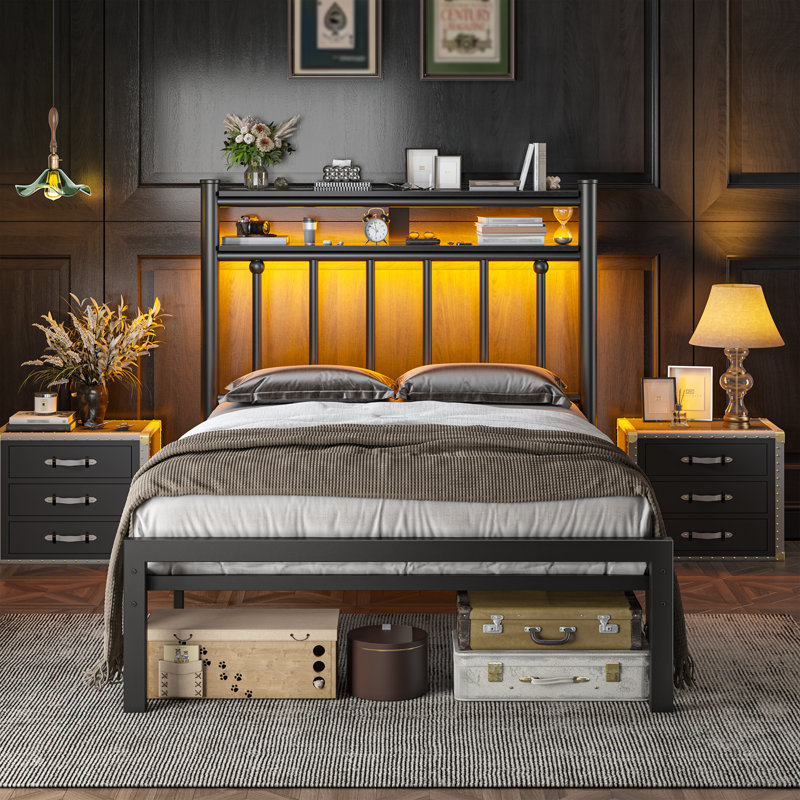 Metal Bed Frames With 2-Tier Storage Headboard And LED Light,No Box Spring Needed, Noise-Free,Easy Assembly, Full, Black 