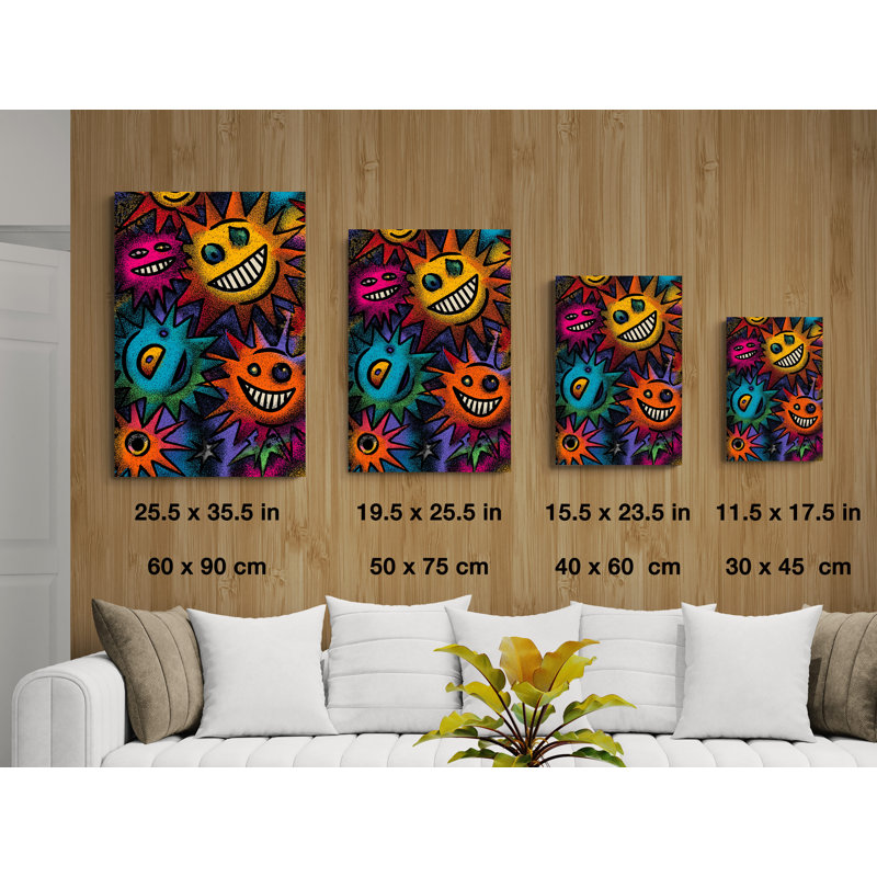 Art mural en verre trempé coloré, sourire éclatant, motif pop éclatant, décor de graffiti moderne, graphique Funky psychedelic sun, imprimé brillant néon