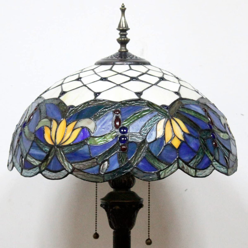 Tiffany Floor Lamp LED Antique Art Standing Reading Light 64" Tall Blue Stained Glass Lotus Shade