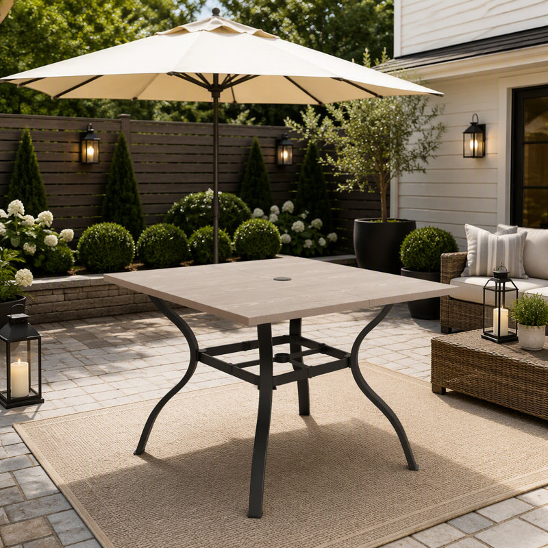 Table en métal rétro à grain de bois avec trou pour parasol, H 28,2 po x l 37,8 po x P 63 po, Naturel