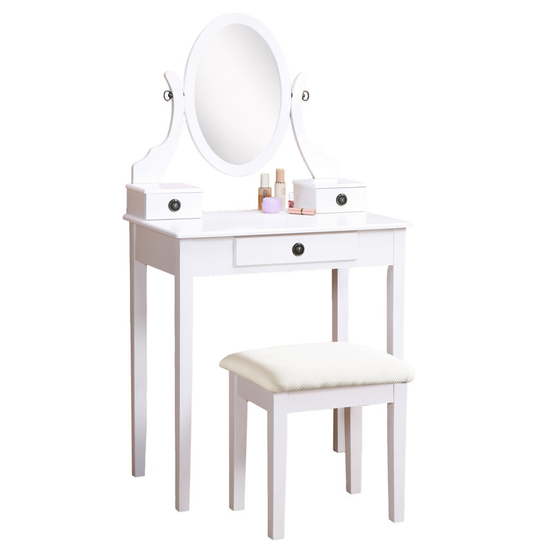 Élégante coiffeuse en bois blanc avec tabouret rembourré avec 3 tiroirs et coiffeuse miroir avec rangement en bois, Blanc