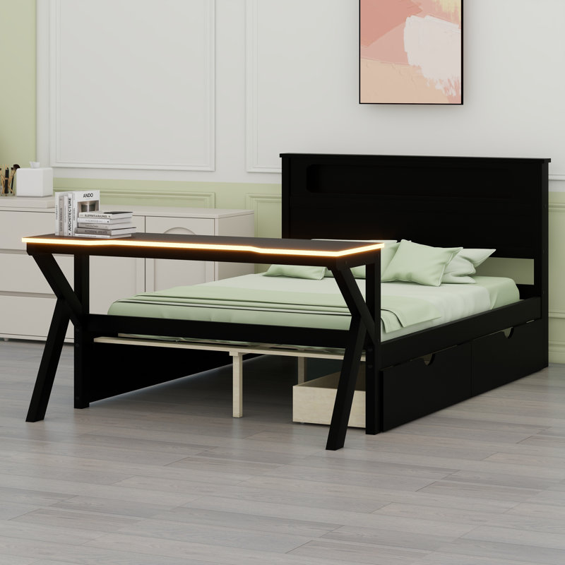 Lit de jeu moderne en bois avec tête de lit à DEL, bureau éclairé, connectivité USB et 2 tiroirs de rangement sous le lit