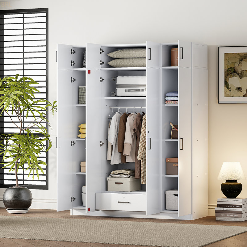 Armoire 4 portes avec 1 tiroir et armoire supérieure, Blanc