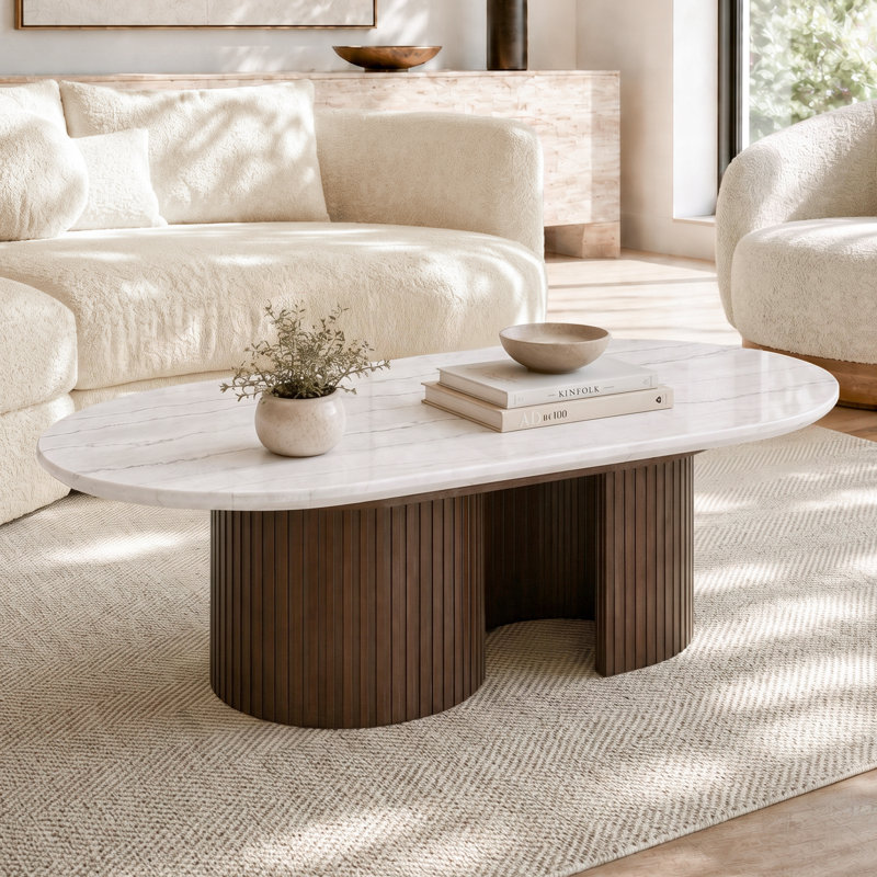 Table basse ovale en pierre véritable Luca, Blanc