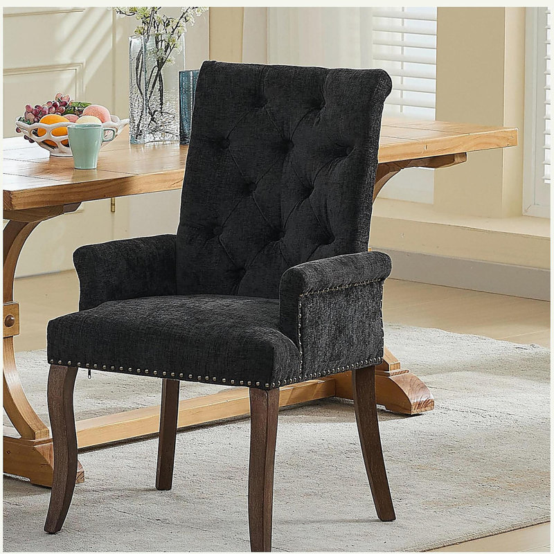 Chaise de salle à manger rembourrée en tissu, pieds courbés en bois massif, Noir