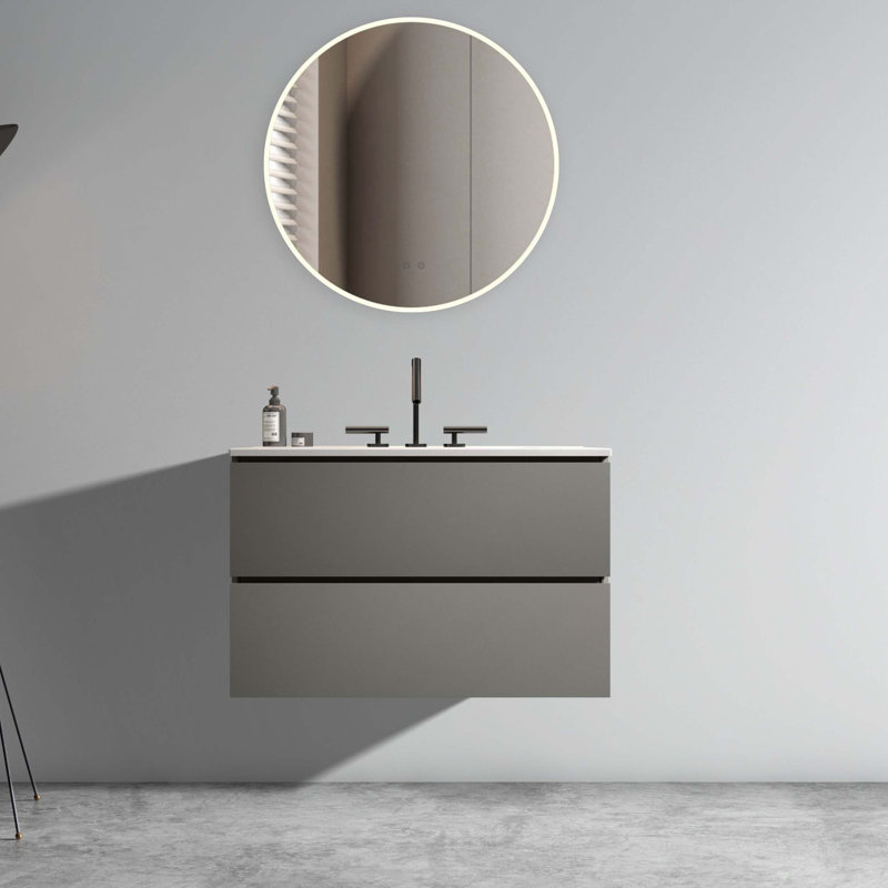 30" Wall Mount Space grey Bathroom Vanity with Ceramic Sink with Three Faucet Holes, Large Storage Floating Bathroom Vanity for Modern Bathroom, Pre-assembled