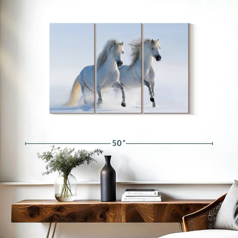 Chevaux blancs neige Brampt, H 24 po x l 38 po