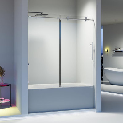 Porte de douche coulissante simple sans cadre l 56 à 60 po x H 60 po, verre trempé Sgcc 5/16 po (8 mm), fermeture en douceur, chrome
