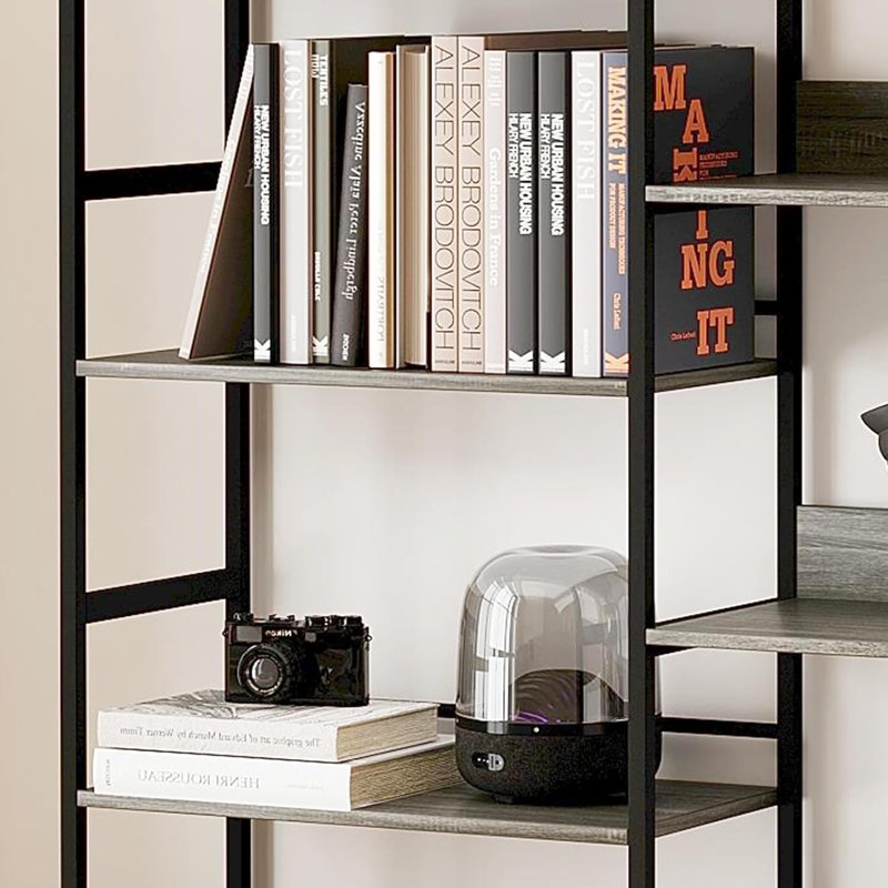 Bibliothèque à 5 niveaux, bibliothèque avec 14 tablettes ouvertes, cadre en métal, Gris