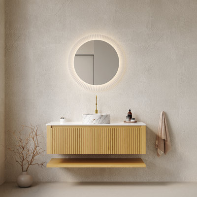 Meuble-lavabo 48 po, meuble de rangement mural en contreplaqué avec tiroirs et tablette ouverte, comptoir en pierre frittée et vasque en céramique, pré-assemblé, grain de bois de chêne Corolla