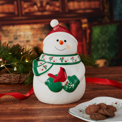 Pfaltzgraff Winterberry 10-In Figural Snowman/Cardinal Cookie Jar