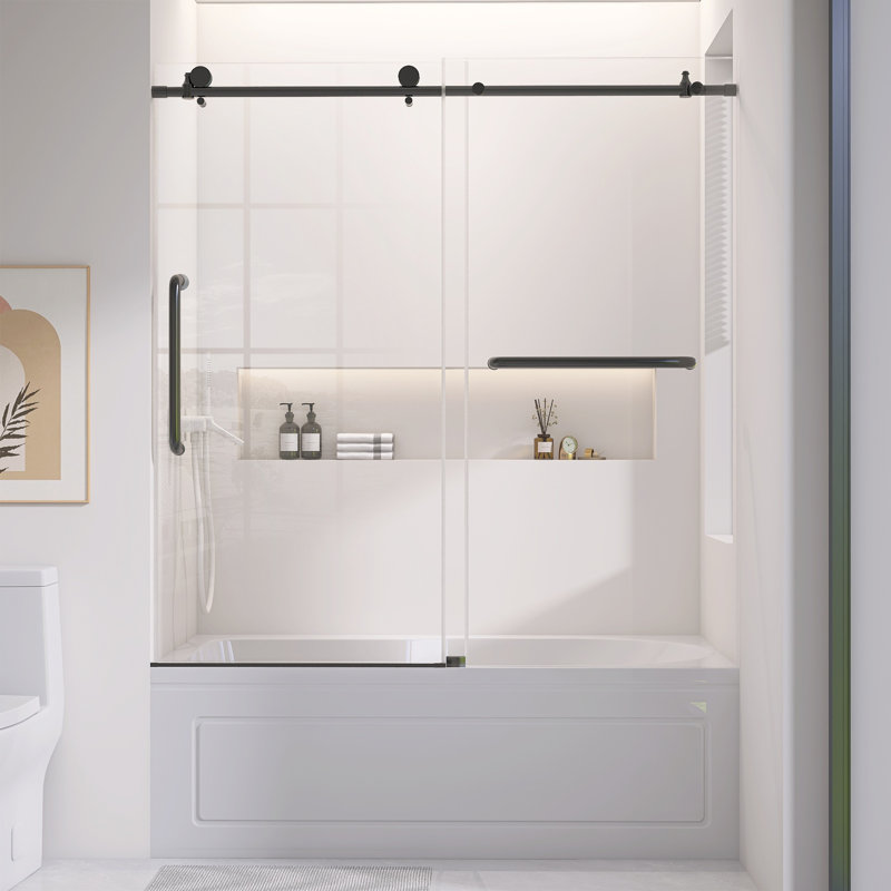 56 To 60 In. W X 60 In. H Frameless Single Sliding Tub Door In Matte Black Shower Panel With 1/4 In. Clear Glass