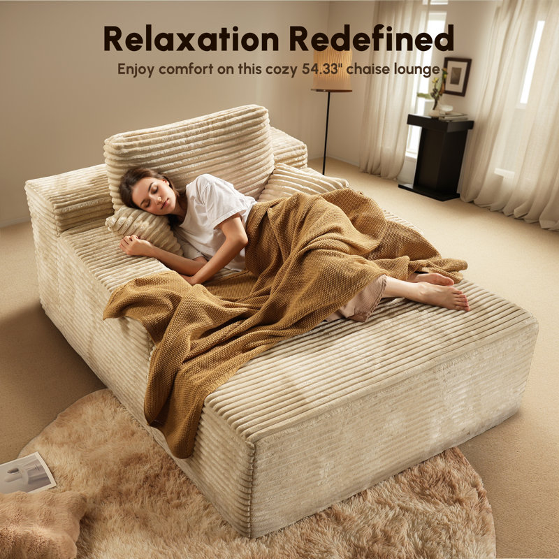Cloudelle Oversized Plush Corduroy Compression Packed Chaise Lounge Chair , Beige Faux Fur