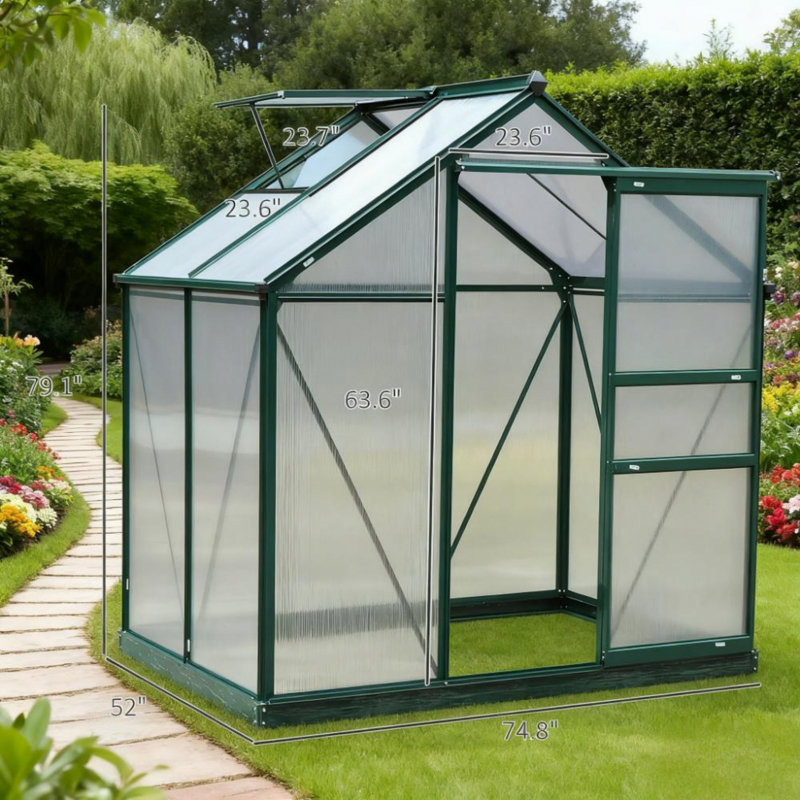 Serre pour l'extérieur, serre en polycarbonate avec gouttière et évent de toit
