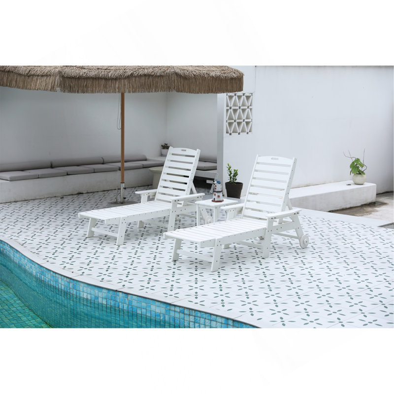 Lounge Chair With Side Table, 3-Piece Oversized Chaise Lounge Chair Setwith Wood Texture,All Weather Patio Lounge Chair With 5 Positions,Wheels &Cup Holder(Include 2Lounge Chairs And 1Table)