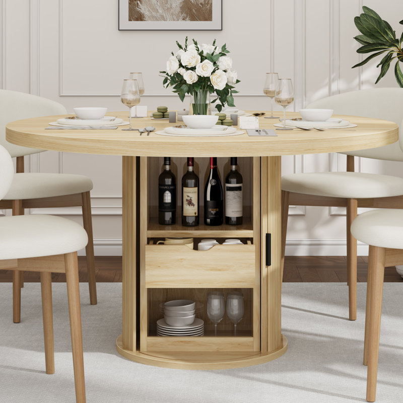 47" Round Dining Table for 4-6, Kitchen Table with 2-Layer Storage Shelf and a Drawer, Farmhouse Circle Dinner Table for Dining Room, Kitchen, Living Room, Natural (Table Only)