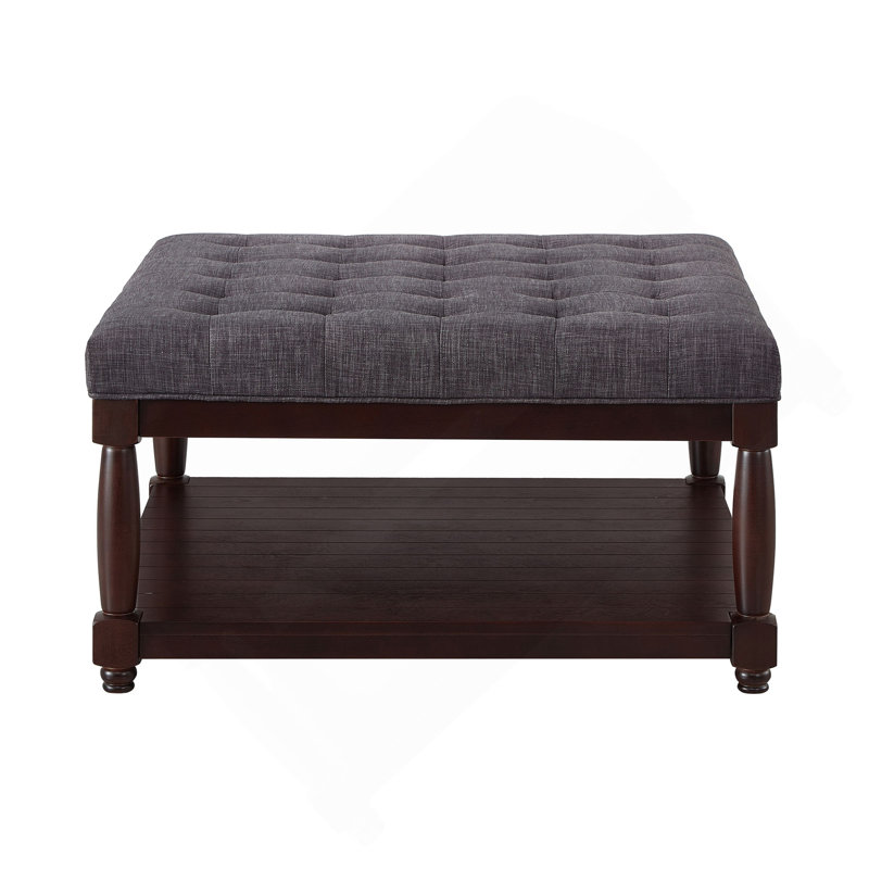 Grande table basse carrée avec repose-pieds en lin capitonné et grand repose-pieds avec tablette en bois massif, Gris foncé