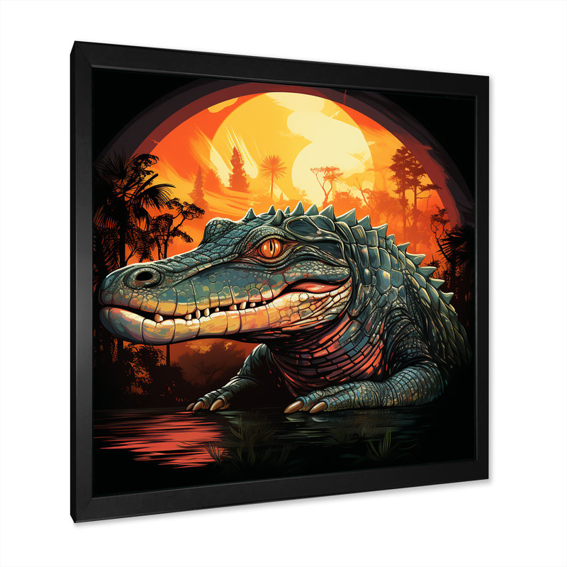 Crocodile orange et vert coucher de soleil - Art mural crocodile / alligator, Cadre photo noir, H 16 po x l 16 po x P 1 po