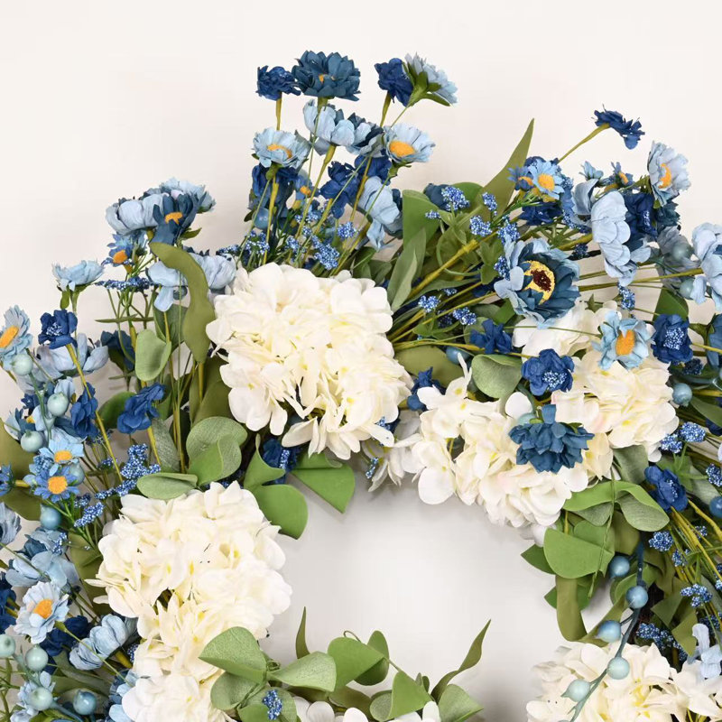 Couronne de porte 24 po avec ressorts et baies en hortensia