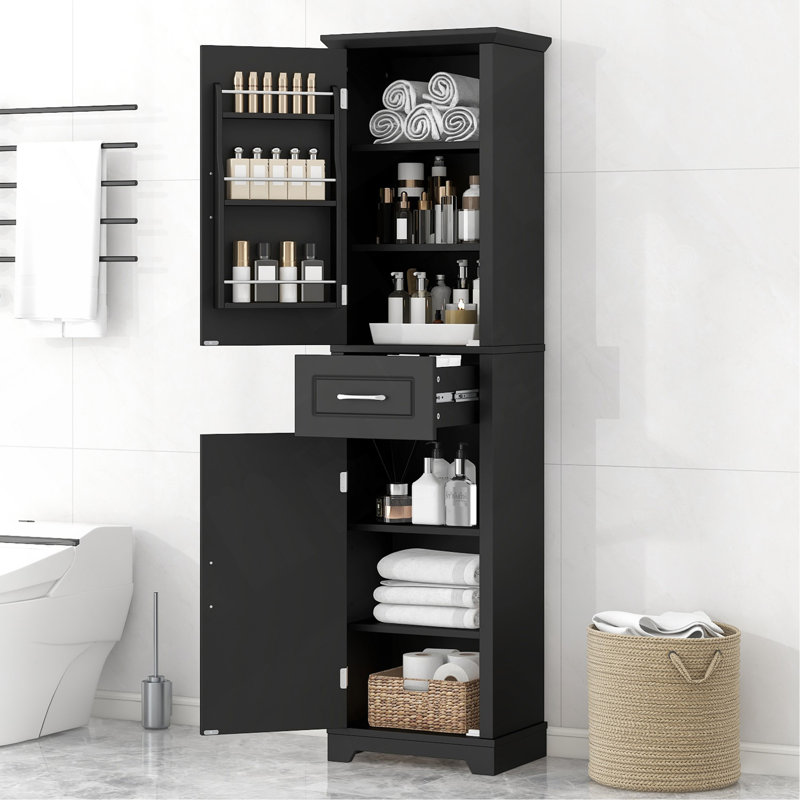 Tall Bathroom Storage Cabinet, Freestanding Storage Cabinet With Two Doors And Adjustable Shelves, Door Shelve Design, MDF Board With Painted Finish, Black