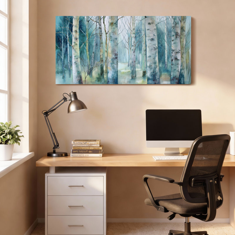 Ensemble de 1 tableau sur toile tendue, aquarelle représentant une forêt de bouleaux, H 12 po x l 36 po