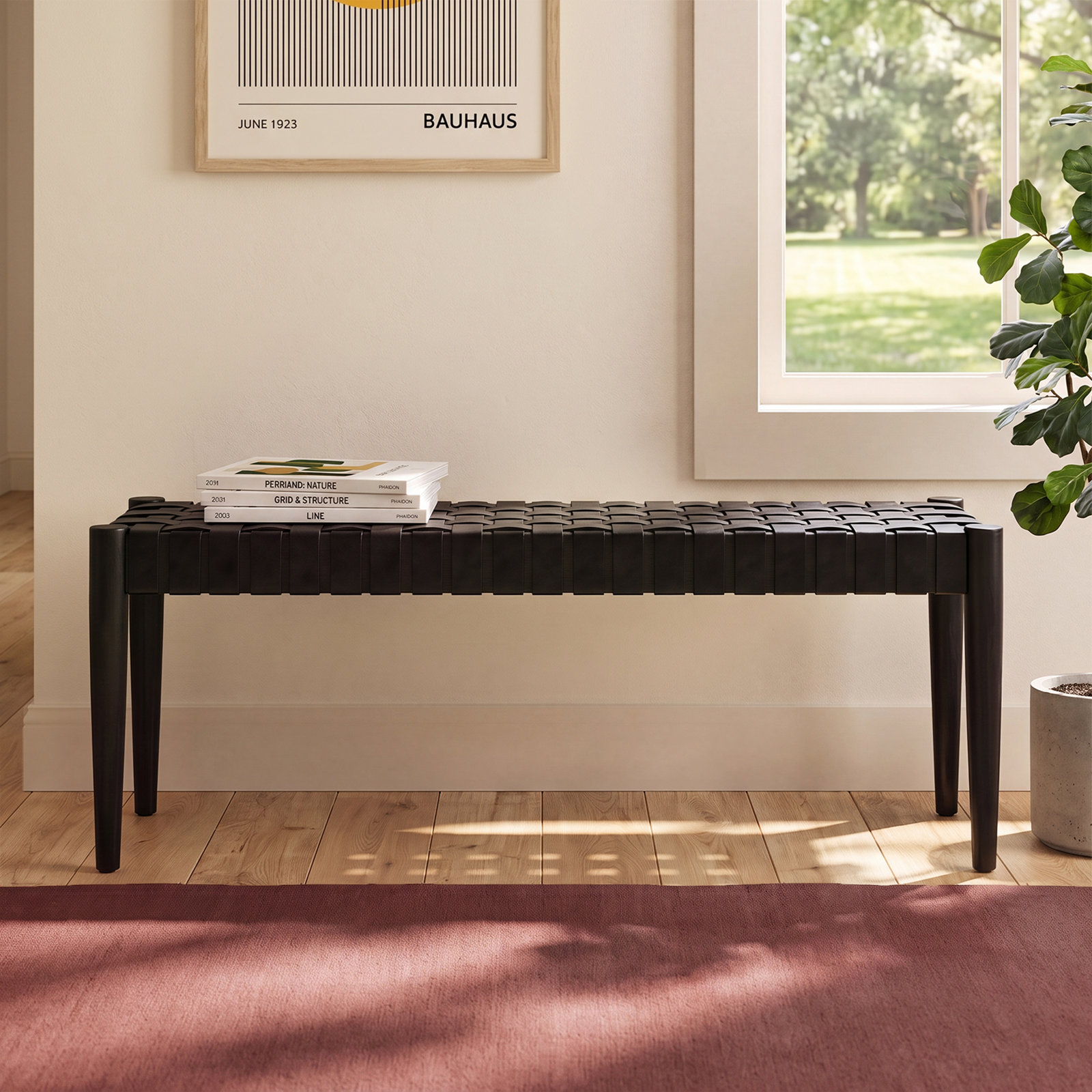 Orin 47" Woven Leather Dining Bench, Black Frame/Black Leather