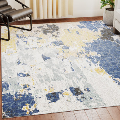 Tapis multicolore abstrait 5 x 8, couleur crème, teinte de ton principal, composition, velours non délesté, bon pour les planchers très fréquentés, tapis d'emballage roulé au design, zones idéales dominantes, emballage