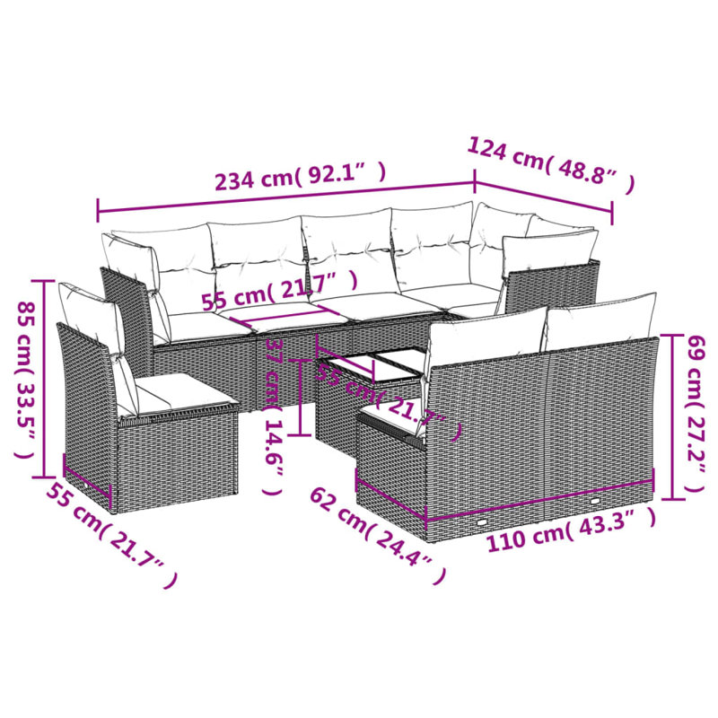 Ensemble de canapé de patio 9 pièces avec coussins pour l'extérieur, Bleu