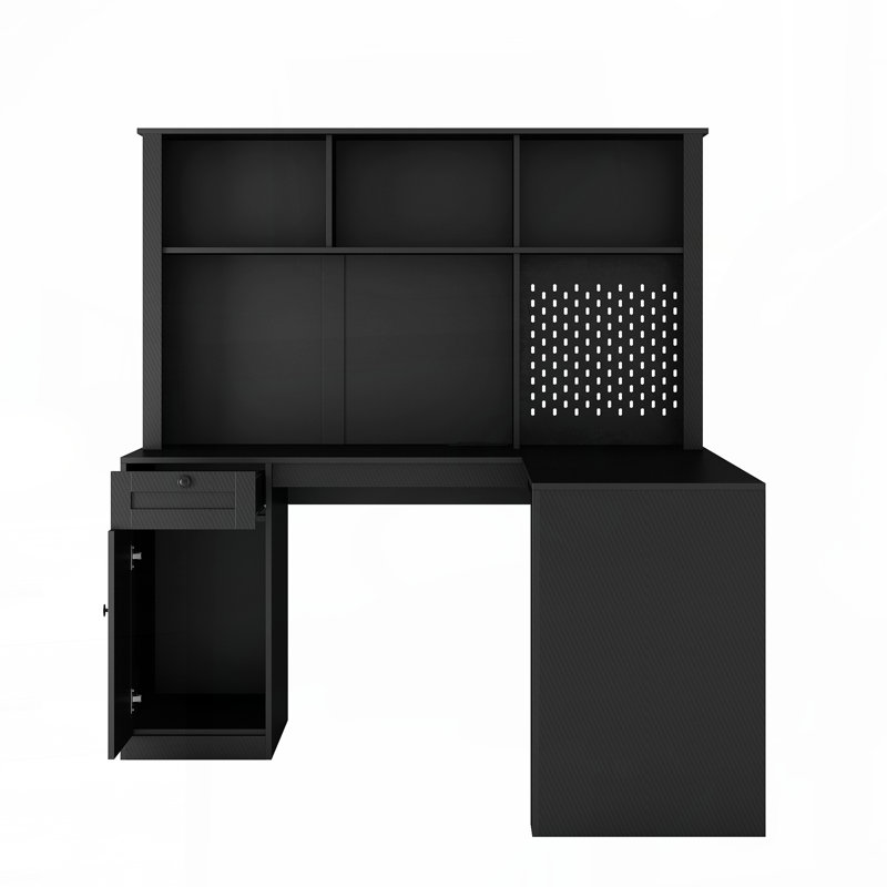 L Shaped Desk with Charger,Computer Desk with Drawers,Bookshelf, Corner Desk,Home Office Desk,L-Shaped Study Table Writing Desk,Carbon fiber Gaming Computer Desk with Storage,Black