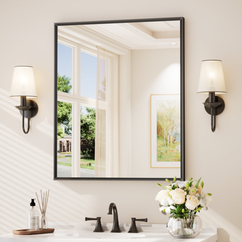 Aluminum Framed  Beveled Design Decorative Mirror with Tempered Glass Wall Mirror Bathroom Vanity Mirror, Matte Black