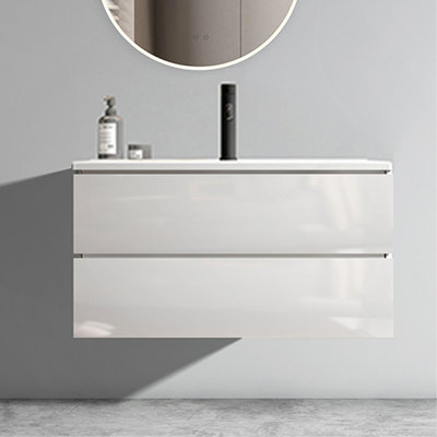 Meuble-lavabo mural blanc brillant 36 po avec lavabo en céramique à un trou, grand meuble-lavabo flottant avec rangement pour salle de bain moderne
