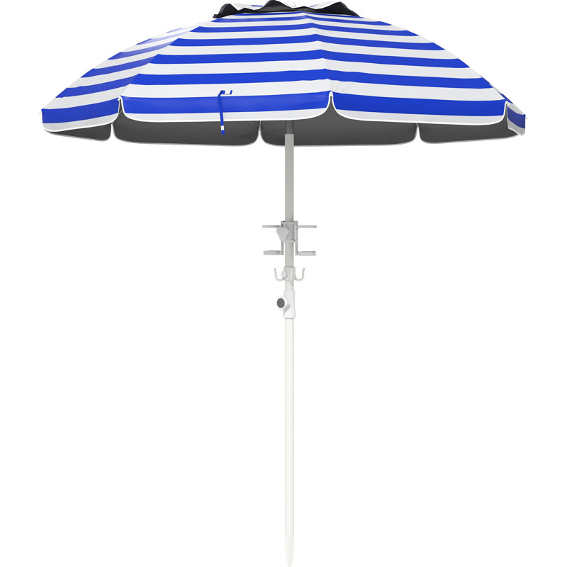 Parasol portatif de 40 ans et plus, système de gestion réglable et inclinable, auvent protégé, 2 crochets pour porte-gobelets, mécanisme de contrôle de la hauteur ventilé à rayures bleues et blanches,