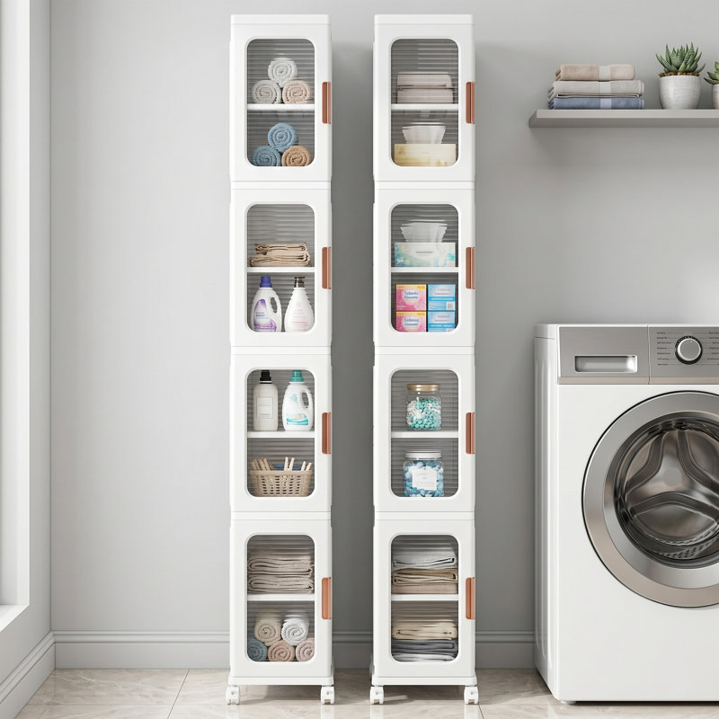 Armoire de rangement pliante empilable à 4 niveaux Adelaine, organisateur de rangement en plastique 108 pte avec tablettes réglables, roues et portes magnétiques (ensemble de 2)