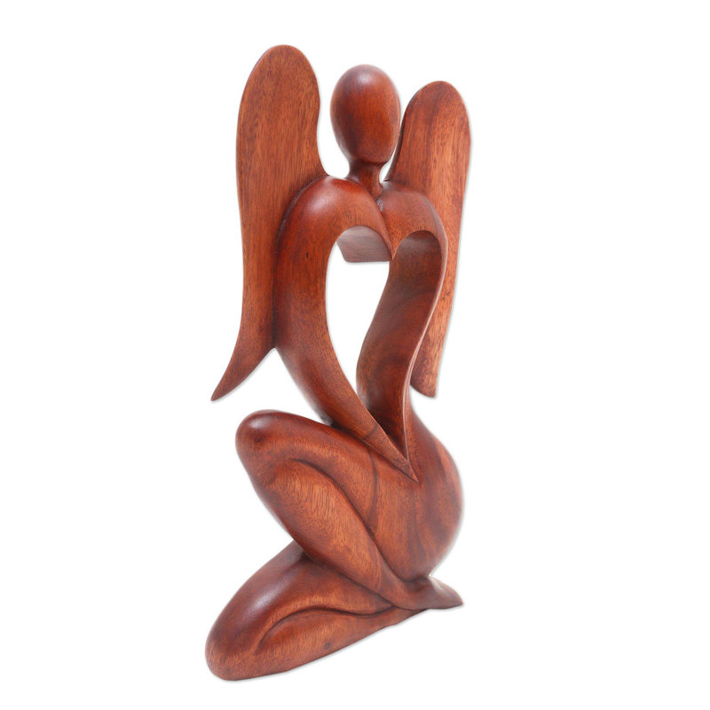 Hand Carved Suar Wood Angel Sculpture with Heart