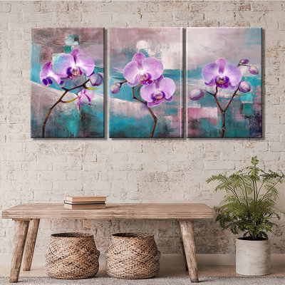 Mauve orchidée imprimée sarcelle rose texturée, peinture à l'huile abstraite, art mural sur toile 3PC
